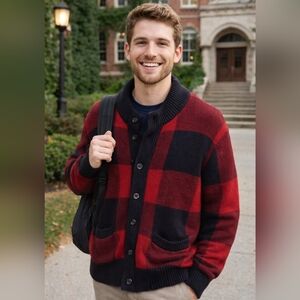American Eagle Red Black Plaid Knit‎ Button Up Mock Neck Cardigan Sweater Sz M